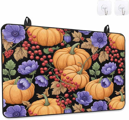 Orange Pumpkin Fall Stove Top Cover for Electric Stove, Thanksgiving Purple Floral Berry Farmhouse Heat-proof & Non Slip Glass Top Stove Cover Protector, Kitchen Flat Cooktop Rubber Mat 24x21 Inches