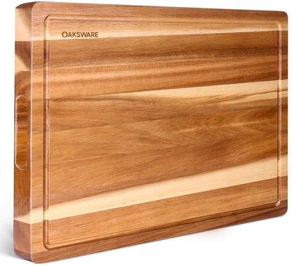 OAKSWARE 30 x 22 Inch Extra Large Acacia Wooden Cutting Board for Kitchen | Deep Juice Grooves, Side Handles & Pre-Oiled Surface, Perfect Countertop Expansion for Prep, Carving & Charcuterie Serving
