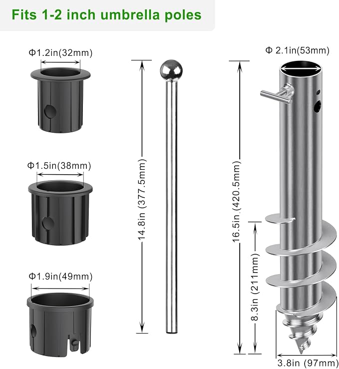 Dolibest Beach Umbrella Sand Anchor, Heavy-Duty Steel Beach Umbrella Holder with 3 Sleeves (Fits 1-2" Poles), Windproof Beach Umbrella Stake, Fully Welded Spiral Base Design for Ultimate Stability