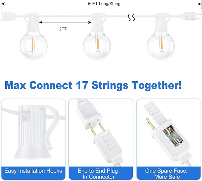 100ft Outdoor G40 LED Globe String Lights Dimmable Shatterproof Waterproof Light Strings with 52 Bulbs Connectable Commercial Hanging Lights for Patio Balcony Backyard Party (White Wire, 2-Pack)