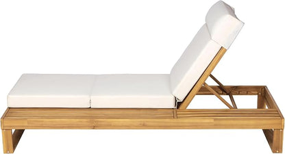 Merax 2 Piece Teak Finish Acacia Wood Chaise Lounge with 4-Inch Cream 4-Fold Cushion Set, Adjustable Outdoor Patio Lounger with Flat Side Surface, for Poolside