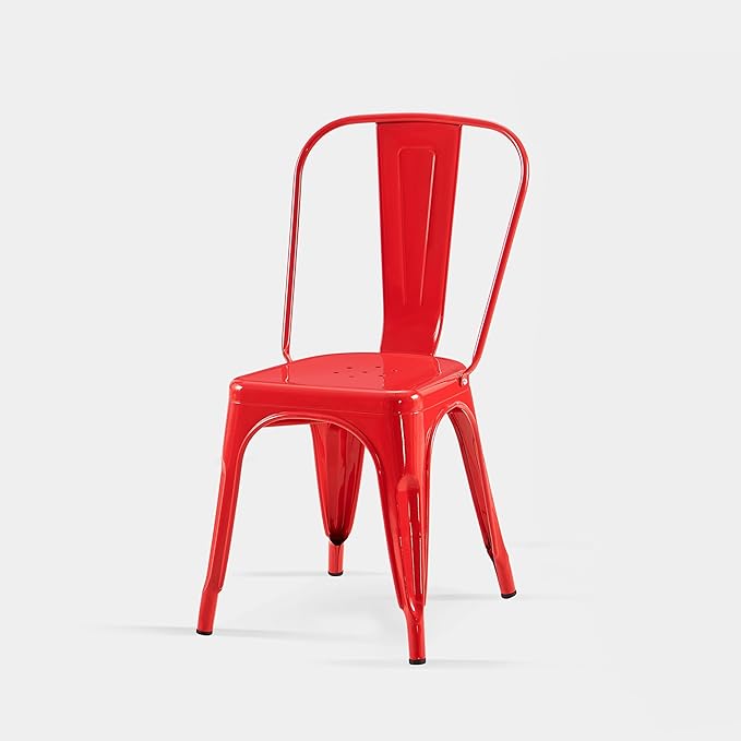 AC Pacific 18 Inch Seat Height Industrial Metal Dining Chairs, Stackable Kitchen or Bar Seat, Durable Modern Design, Versatile Accent Furniture, Set of 4, Red