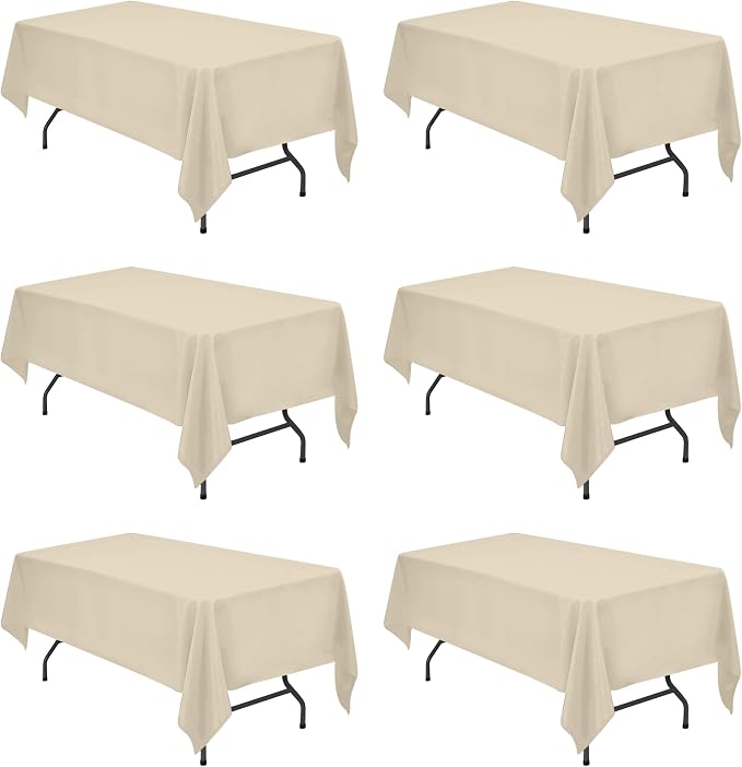 BRILLMAX 6 Pack Beige Tablecloths 60x102 Inch for 6ft Rectangle Tables | 150 GSM Polyester Fabric, 15" Standard Drop, Water, Stain & Wrinkle Resistant Cloth Cover for Wedding Reception Banquet Party