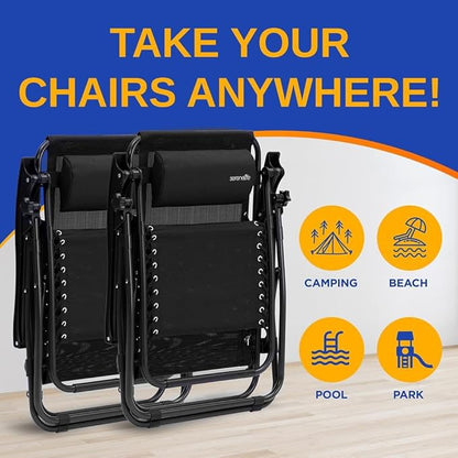 SereneLife Zero Gravity Outdoor Lounge Chairs 2 Pack – Folding Recliners with Side Table, Cup Holder & Padded Headrest – Adjustable Patio Chairs for Lawn, Garden, Deck, Camping (Black)