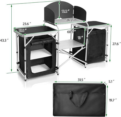 CampLand Folding Camping Kitchen Table with Windscreen,Portable Outdoor Cooking Station with Storage Cabinet & Side Tables Heavy Duty Camp Cook Station for Camping & BBQ (Black2cabinet)