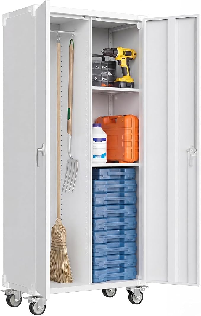 DUMOS 72 Inch Garage Storage Cabinet, Tool Organizer, Lockable File Cabinet | Tall Rolling Metal Steel Frame Storage with Lockable Wheels and Adjustable Shelves, Fits Home Office Warehouse, White