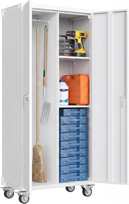 DUMOS 72 Inch Garage Storage Cabinet, Tool Organizer, Lockable File Cabinet | Tall Rolling Metal Steel Frame Storage with Lockable Wheels and Adjustable Shelves, Fits Home Office Warehouse, White