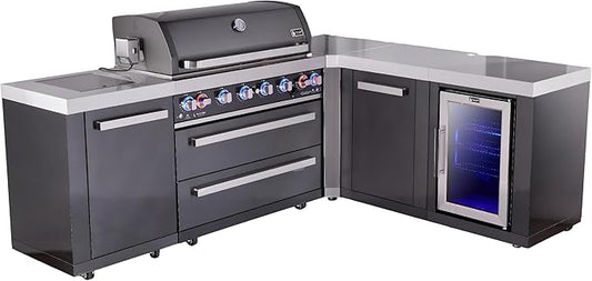 Mont Alpi 94"W x 75"D Black Stainless Steel L-shaped Modular Outdoor Kitchen Island with Refrigerator + Side Burner + 44"W 6-Burner BBQ Gas Grill + Granite Countertops + Storage Cabinets & Drawers