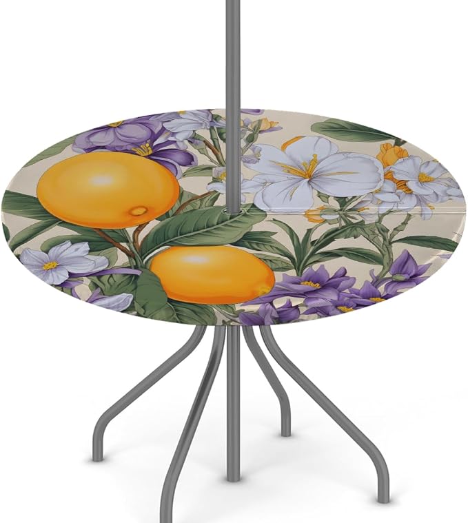 AUUXVA Round Outdoor Tablecloth with Umbrella Hole - Waterproof Patio Table Cover with Zipper Elastic Table Cloth Fits 45"-56" Tables for Party Cafe Garden Decor(Fruits Spring Flower)