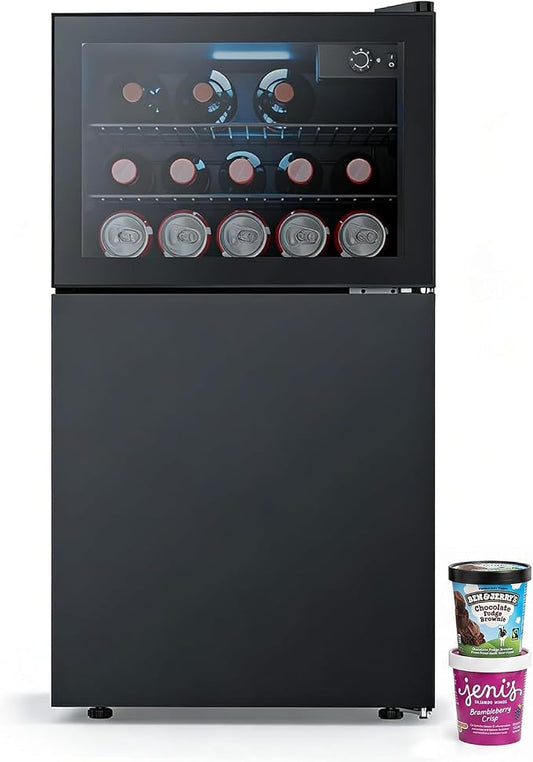 Antarctic Star 2.6 Cu. Ft Compact Beverage Refrigerator with Freezer, Mini Fridge, Adjustable Temp, Reversible Door, LED Light for Home Office Bar Bedroom
