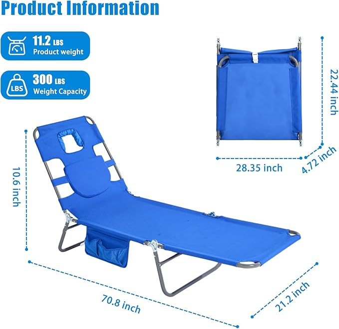 SUNNYFEEL Lay Flat Tanning Chair 2 Pack with Face Down Hole & Arm Slots, Backpack Beach Lounge Chair, 5-Position Folding Sunbathing Chair, 300 LBS Heavy Duty, 72" L x 22" W for Beach, Pool, Camping