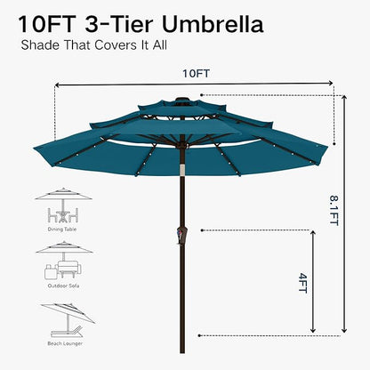 Kingdura 10ft 3-Tier Patio Umbrella with Solar Lights, Table Umbrella Outdoor Patio with Easy Crank & Tilt, 8 Sturdy Ribs, UV Protection, 32 LED Lights for Deck, Poolside, Market (Lake blue)