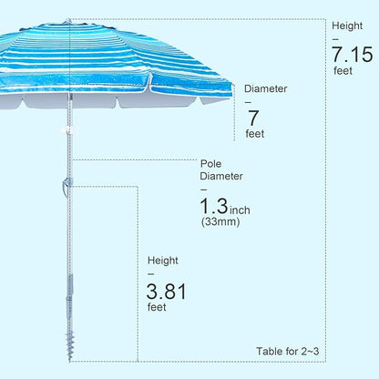 Tempera Heavy Duty High Wind Beach Umbrella with Sand Anchor & Carry Bag | Patio Outdoor Umbrella with Aluminum Frame and Push Button Tilt, Ideal for Travel Garden Lawn, UPF 60+