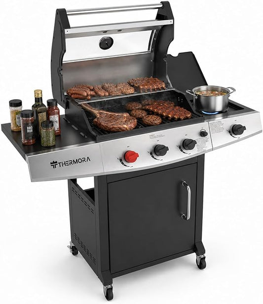 4 Burners Propane Gas Outdoor Grill 50,000 BTU, 553 Sq.in, Searing Burner, Side Burner, Porcelain-Enameled Grates BBQ Grill, Stainless Steel Propane Grill, Patio Garden Family Party Barbecues
