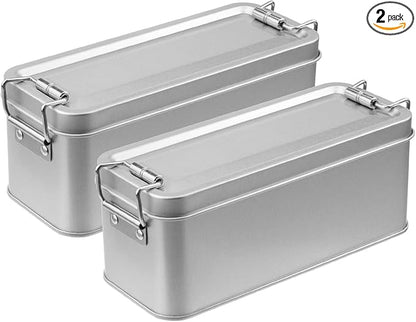 2 Pack Silver Tin Box Containers Metal Storage Box with Lids Rectangular Containers with Buckle Latch for Home Storage Outdoor Usage(5.91"×2.36"×2.56")