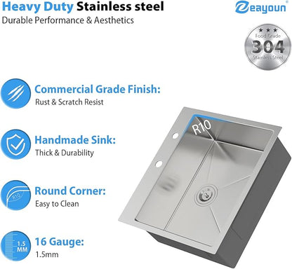 25 Inch Drop in Kitchen Sink 25x22 Drop in Kitchen Sink 16 Gague Topmount Stainless Steel Single Bowl Handmade Sinks Large Deep Basin 25"x22"x9"
