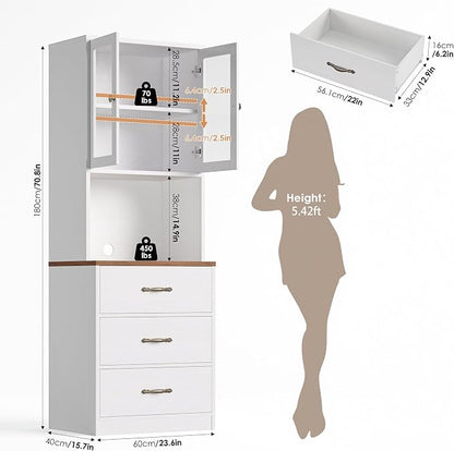 71“ Tall Kitchen Pantry Storage Cabinet with Microwave Stand, Buffet Kitchen Hutch with Shelves and Drawers, Wood Coffee Bar Pantry Cabinet with Glass Doors, for Dining Room/Small Space, White