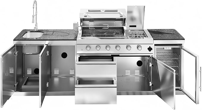104" Modular Outdoor Kitchen Island With Grill And Side Burner, 4-burner 72,000 Btu Propane Bbq Island, Refrigerator, Separate Sink & Prep Station, For LP-Silver 72000BTU/104 Inch