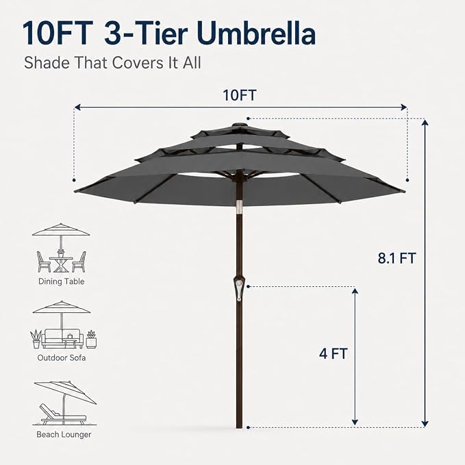 10ft Patio Umbrella, 3-Tier Vented Outdoor Table Umbrella with 8 Sturdy Fiberglass Ribs, Windproof Market Umbrella with Push Button Tilt and Crank, UV Protection for Deck, Pool, Grey