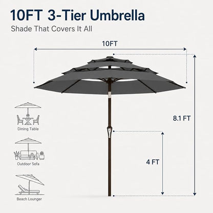 10ft Patio Umbrella, 3-Tier Vented Outdoor Table Umbrella with 8 Sturdy Fiberglass Ribs, Windproof Market Umbrella with Push Button Tilt and Crank, UV Protection for Deck, Pool, Grey