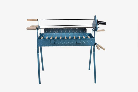 Greek Cypriot Portable Charcoal Barbecue BBQ Grill Rotisserie Foukou Height Adjustable with Lifting Lever Mechanism Model B, Blue