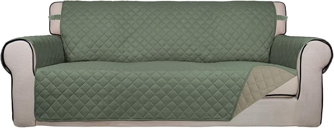 PureFit Reversible Quilted Couch Covers for Dogs Oversized Sofa Cover 78” | Greyish Green/Beige, Water Resistant Couch Protector, Washable Pet Couch Cover with Non Slip and Elastic Straps For Kids