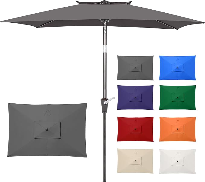 6.6 x 10 ft Rectangular Patio Umbrella, Outdoor Market Table Umbrella with Push Button Tilt and Crank, Double-Tier Vent, 6 Ribs, Rectangle Patio Umbrella for Backyard, Deck, Pool, Fits 4–6 Chairs and Tables (Grey)