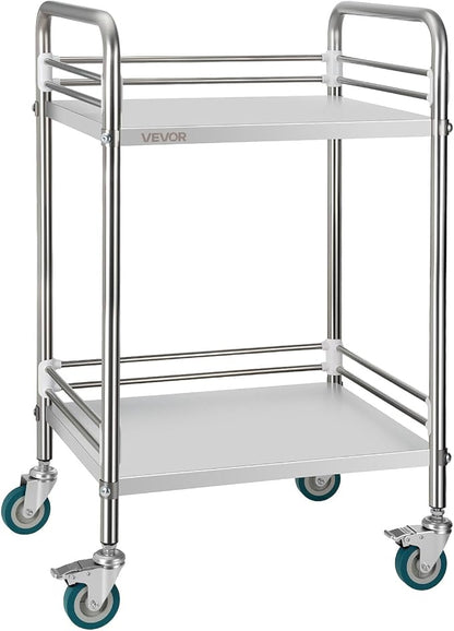 VEVOR Stainless Steel Rolling Cart, 2-Tier Metal Utility Cart with Lockable Wheels, Medical Serving Trolley Clinic Tray, Mobile Service Cart for Hospital, Lab, Restaurant, Kitchen, Salon