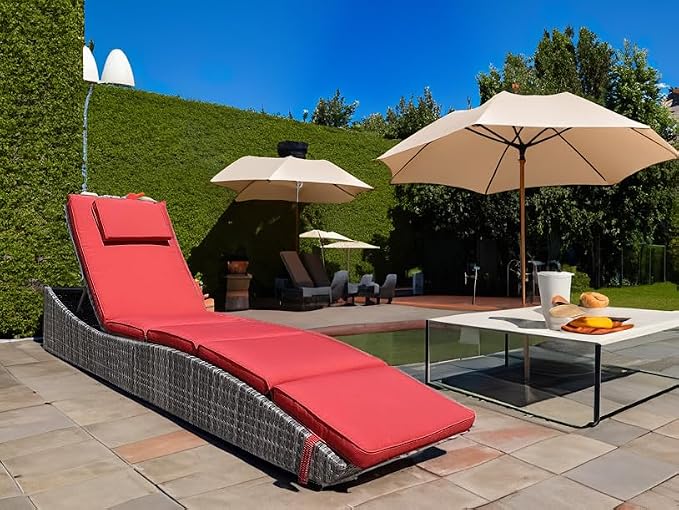 BTEXPERT Foldable Outdoor Chaise Pool Lounge Chair Folding Wicker Rattan Sun Bed Patio Couch Reclining Lounger Adjustable Padded Backrest Pillow Assembled - Red Burgundy