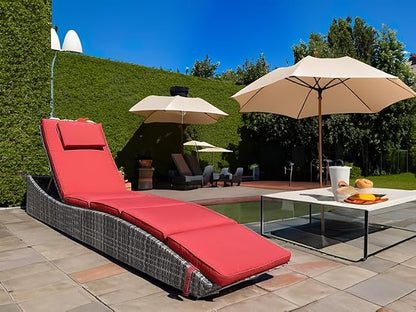 BTEXPERT Foldable Outdoor Chaise Pool Lounge Chair Folding Wicker Rattan Sun Bed Patio Couch Reclining Lounger Adjustable Padded Backrest Pillow Assembled - Red Burgundy