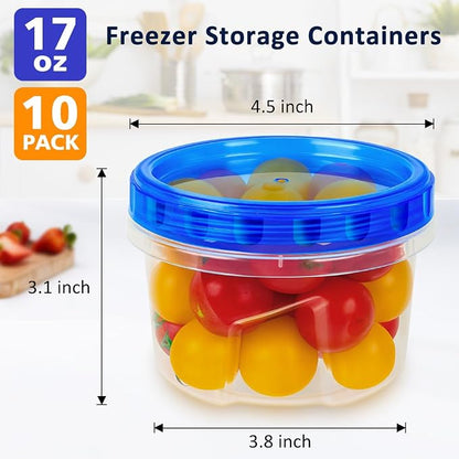 10 Pack 17oz Small Freezer Food Storage Containers with Twist Top Lids | BPA-Free Reusable Plastic Food Containers with Screw on Lids for Meal Prep, Soup, Snacks, Leftovers, Yogurt & Small Portions