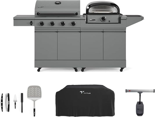 Tytus Anaheim 4-Burner Gas Grill with Prep Cart and Pizza Oven + Cover, Light, Pizza Tool Kit - Modular Outdoor Kitchen, Quick Assembly, Outdoor Cooking, Kitchen Island for BBQ
