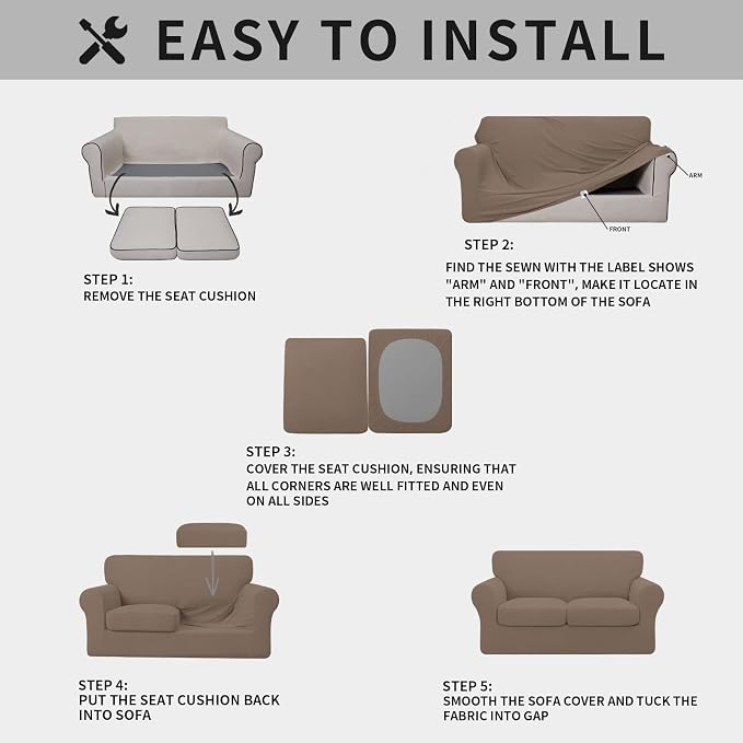ISSUNTEX 3 Pieces High Stretch Thicken Loveseat Couch Covers, Soft Sofa Slipcover for 2 Separate Cushion Couch, Jacquard Fabric Elastic Sofa Cover Furniture Protector for Dogs (Loveseat, Camel)