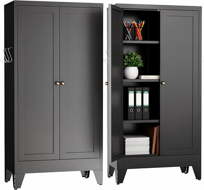 Metal Pantry Cabinet, Kitchen Pantry Storage Cabinets with 2 Doors and 3 Adjustable Shelves, White Kitchen Pantry Cabinet for Dining Room, Living Room, Assemble Required (Black)