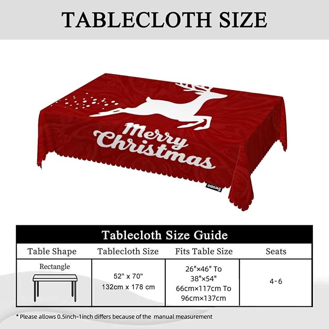 Swono Merry Christmas Tablecloths Flying Xmas Reindeer Floral Red Kitchen Dinning Tabletop Decoration, Polyester Table Cover for Indoor Outdoor 50x72 Inch Tablecloth