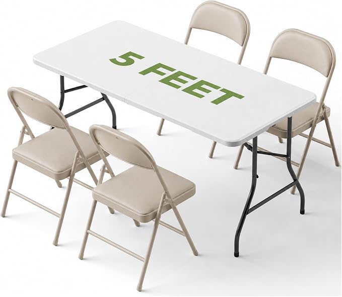 Folding Dining Table Set for 4, 5FT Foldable Plastic Table with Carrying Handle & 4 PU Leather Padded Folding Chairs, Portable Table and Chairs Set for Indoor Outdoor, Party, Wedding, Picnic, Camping