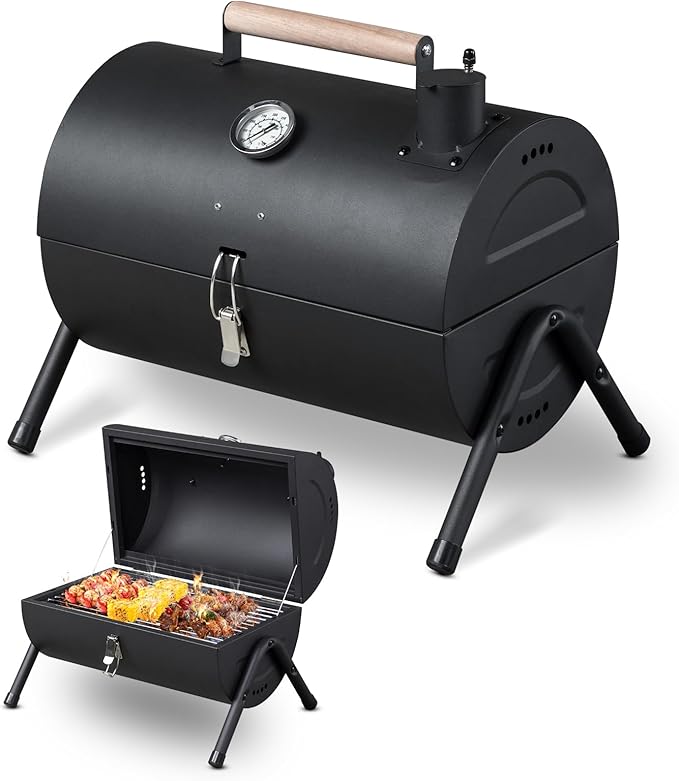 Portable Charcoal Grill, Tabletop Outdoor BBQ Smoker with Chimney, Built-in Thermometer & Wooden Handle, Foldable Camping Grill for Outdoor Cooking Camping,Picnics,Backyard, Black (42 * 30 * 36cm)