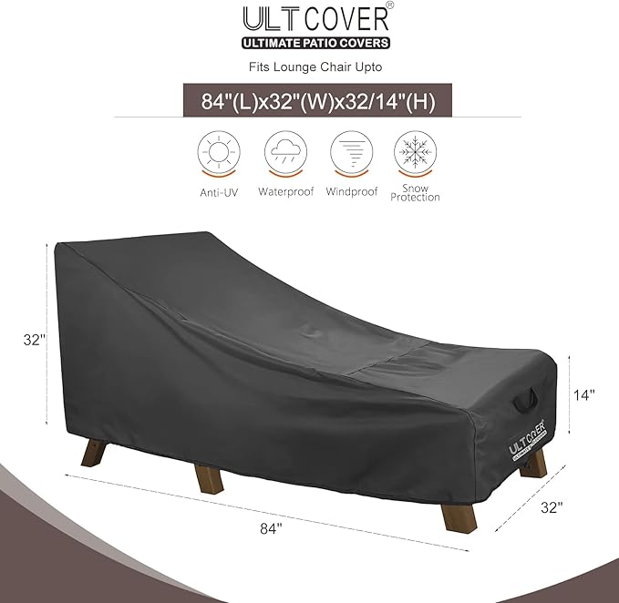 ULTCOVER Waterproof Patio Lounge Chair Cover Heavy Duty Outdoor Chaise Lounge Covers - 84L x 32W x 32H inch, Black