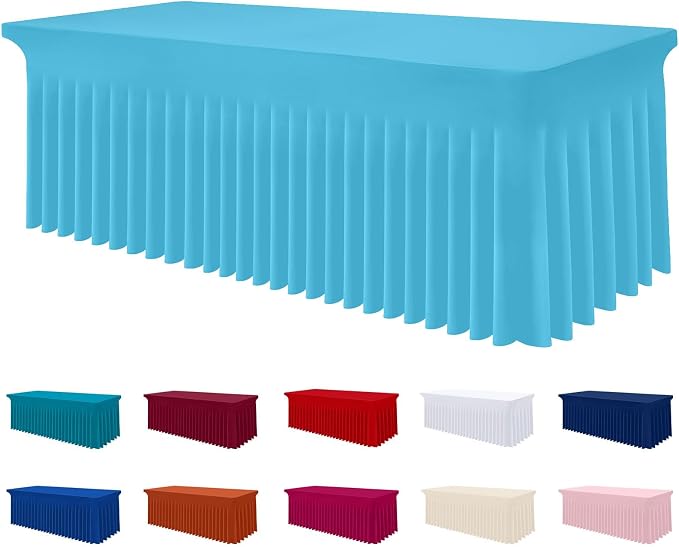 Smiry Spandex Elastic Fitted Table Cloth Skirt for 8FT Rectangle Table | Stretch Washable Table Cloth, Banquet Table Cover for Wedding, Party, Indoor & Trade Shows, (Blue Mist, 96Lx30Wx30H)