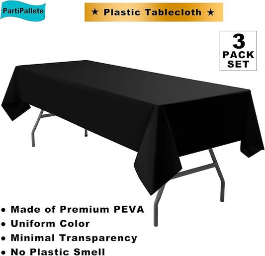 3-Pack Premium Plastic Black Tablecloth Disposable 54 x 108 Inch. Rectangle Table Cover Party Table Cloths for Birthday Baptism Christening BBQ Picnic Banquet Fits up to 8 ft Tables