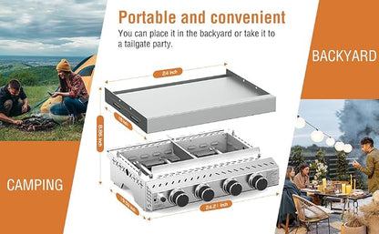 Electactic 4 Burners Tabletop Propane Gas Griddle,24 inch Detachable Griddle with handle,32000BTU Portable Stainless Steel Gas Grill for Camping,Outdoor & Tailgating Barbecue