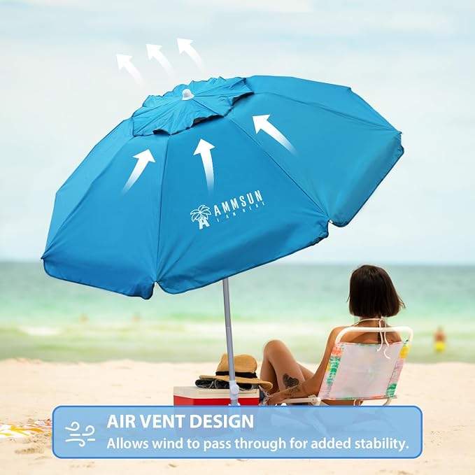 AMMSUN 6ft Folded Portable Travel Beach Umbrella with Sand Anchor Tilt Air vent UPF 50+UV Protection Fit In Suitcase Compact Foldable Telescopic umbrellas for Patio Garden Beach Pool Sky Blue