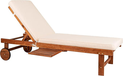 JONATHAN Y Seabrook 23.62" x 68.9" Acacia Wood Outdoor Chaise, Light Brown | 5-Position Adjustable Back, Ivory Polyester Cushion, Pull-Out Side Table, Built-In Wheels, 600lb Capacity, Modern Coastal