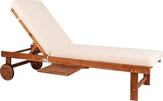 JONATHAN Y Seabrook 23.62" x 68.9" Acacia Wood Outdoor Chaise, Light Brown | 5-Position Adjustable Back, Ivory Polyester Cushion, Pull-Out Side Table, Built-In Wheels, 600lb Capacity, Modern Coastal