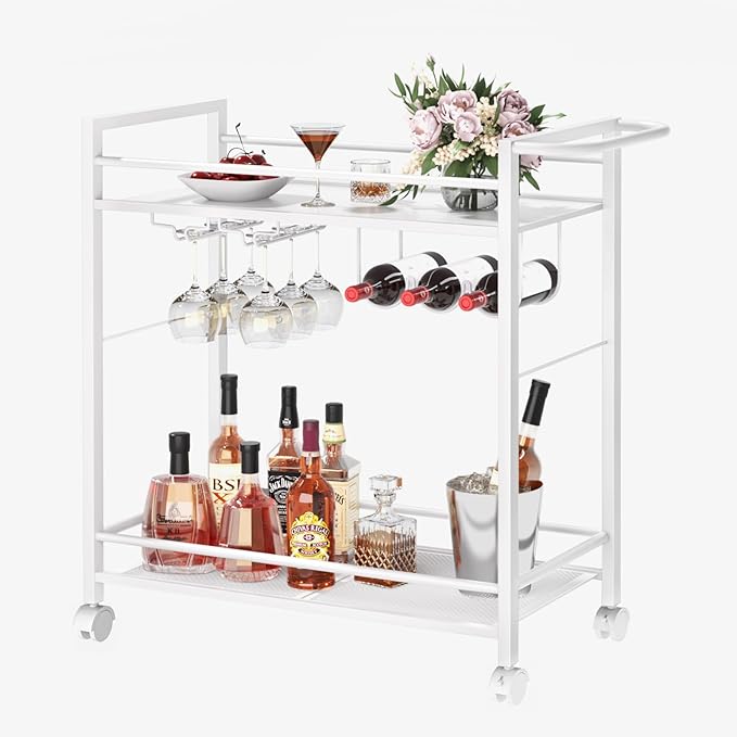 Joaxswe Bar Cart w/Wheels,Home Bar Serving Cart w/Storage Shelves,White | 2 Tier Rolling Beverage Cart,Modern Wine Cart w/ Wine Rack and Glass Holder for Kitchen, Living Room,Dinning Room