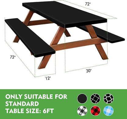 Picnic Table Cover with Bench Covers, Waterproof Tablecloth Set, Black | Fitted 6ft Tables, for Outdoor Camping, RV, Includes 1 Table Cover(30"x72"), 2 Bench Covers(72"x12"), Drawstring Storage Bag