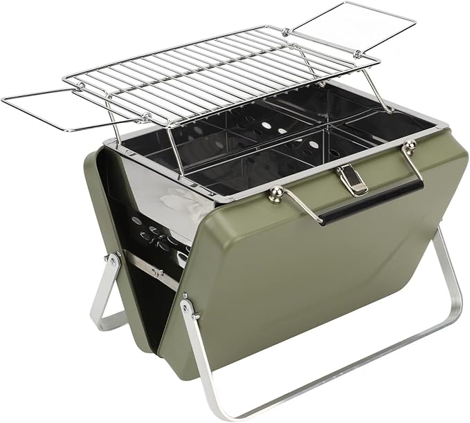 Folding Notebook Grill Easy to Use Rust Proof Grill Net for Backyard Picnic - Portable Charcoal BBQ for Camping, Outdoor Cooking (Green)