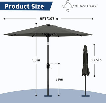 Garvee 9 ft Patio Umbrella - 8 Sturdy Ribs Outdoor Table Umbrella with Crank Lift & Push Button Tilt - Market Umbrella for Pool, Deck, Yard, Garden - Gray