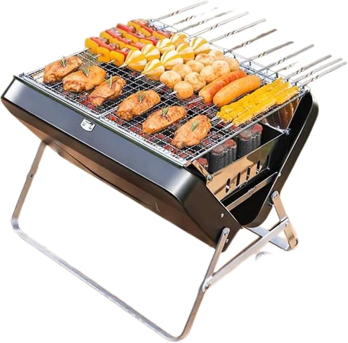 Folding Portable Lightweight Charcoal BBQ Grill with Handle Desk Tabletop Small Outdoor Barbecue Grill Stainless Steel for Outdoor Cooking Backyard Camping Picnics Beach