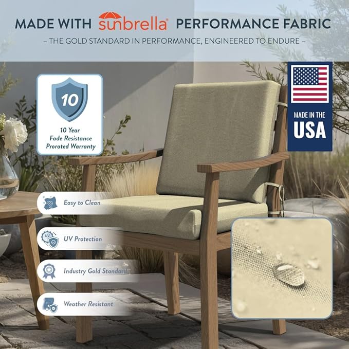 California Umbrella Outdoor Dining Chair, Set of 4 Patio Seat Cushions, 20 x 40 Inch, Premium Outdoor Memory Foam, Fade Resistant, Sunbrella Fabric, Fabric Ties, Antique Beige